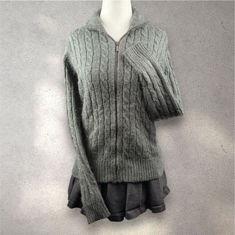EP Pro Cable Knit Zip Cardigan Women's M Gray Soft Knit Mohair Old Money Golf